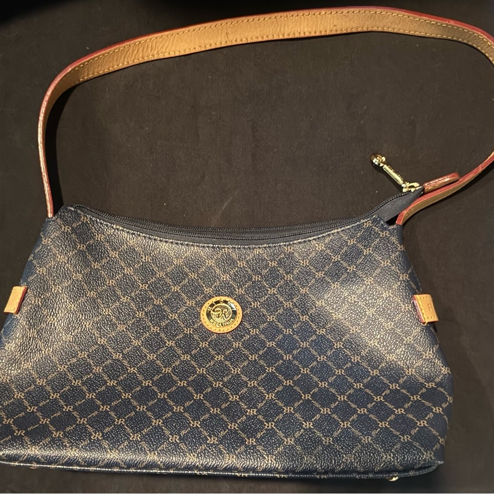 Rioni Navy Blue Shoulder Bag with Quilted Pattern and Brown Leather Trim